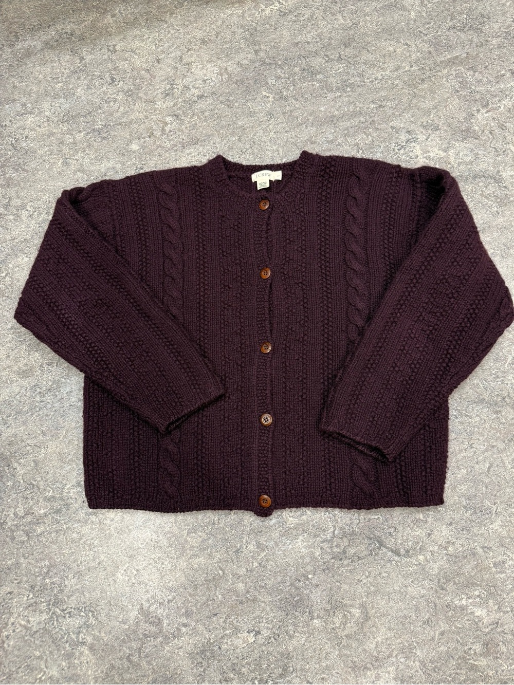 Vintage J. Crew Shetland Wool Cable knit boxy chunky cardigan sweater sz L